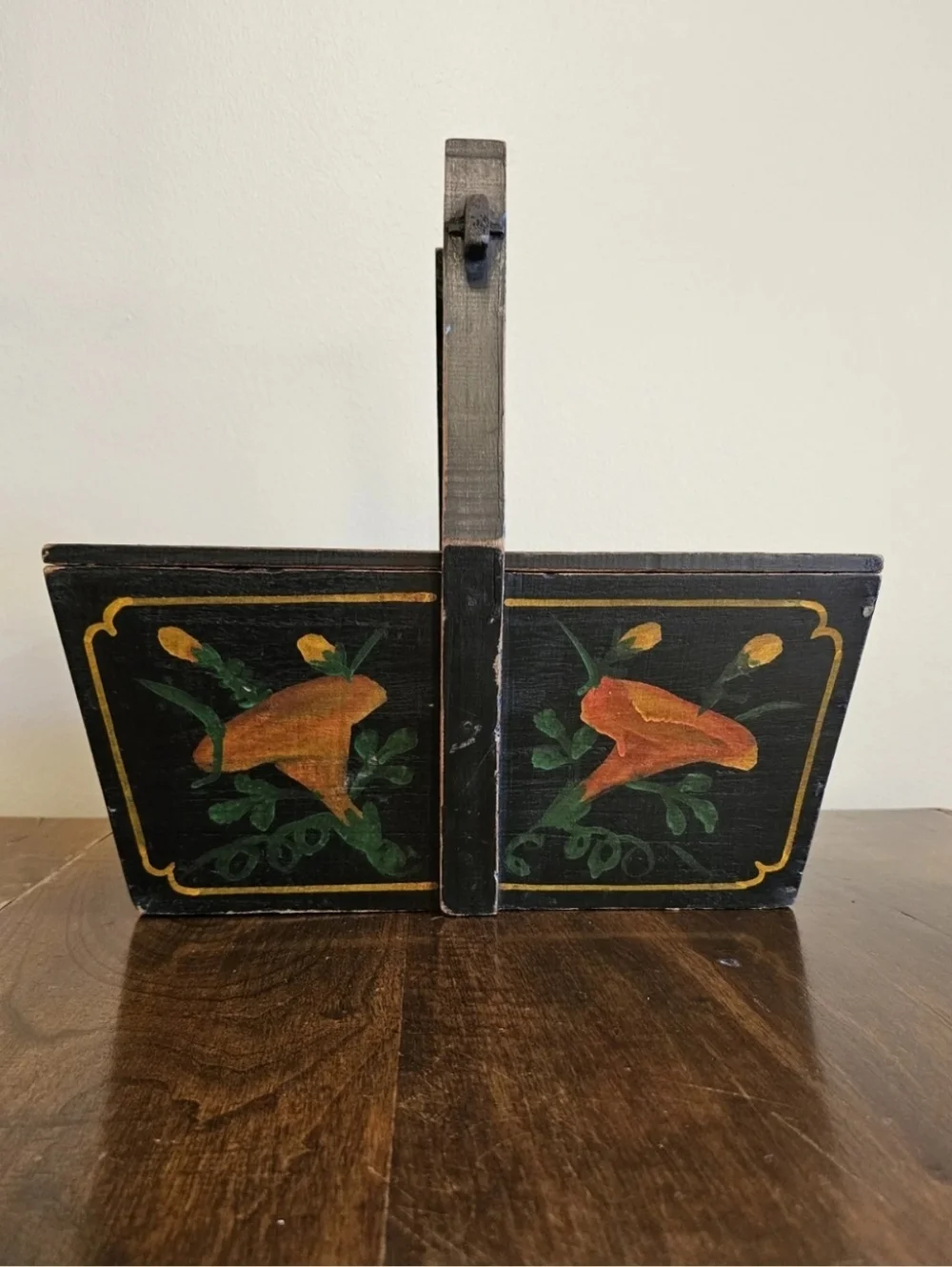 Antique Chinese Wooden Wedding Box/ Rice Basket Hand Painted 19th Cent.